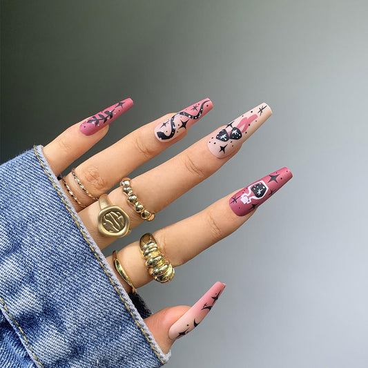 Star Moon Witch Bottle Long Coffin Red Bold Press On Nails
