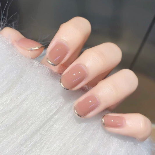 Classy Babe Short Squoval Beige Glitter French Tips Press On Nails