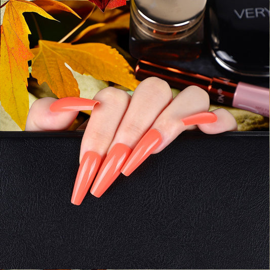 Autumn Embrace Extra-Long Coffin Coral Press-On Nails with High-Gloss Finish