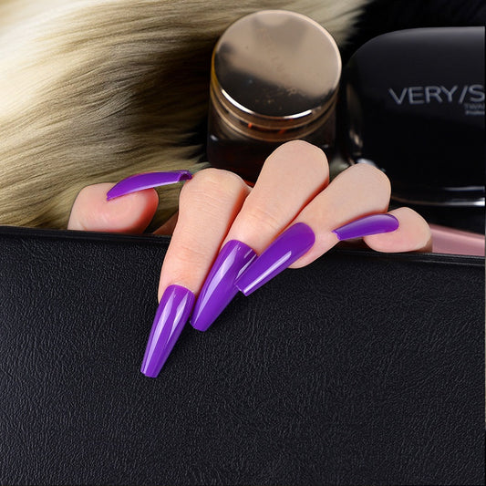 Galactic Glow Long Coffin Purple Ombre Press-On Nail Set with Dynamic Swirl Design