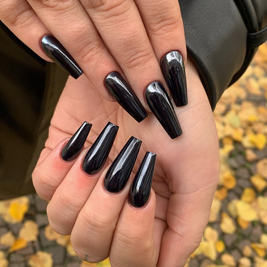 Moonlit Mystery Long Coffin Jet Black Press-On Nails with Mirror Shine Finish