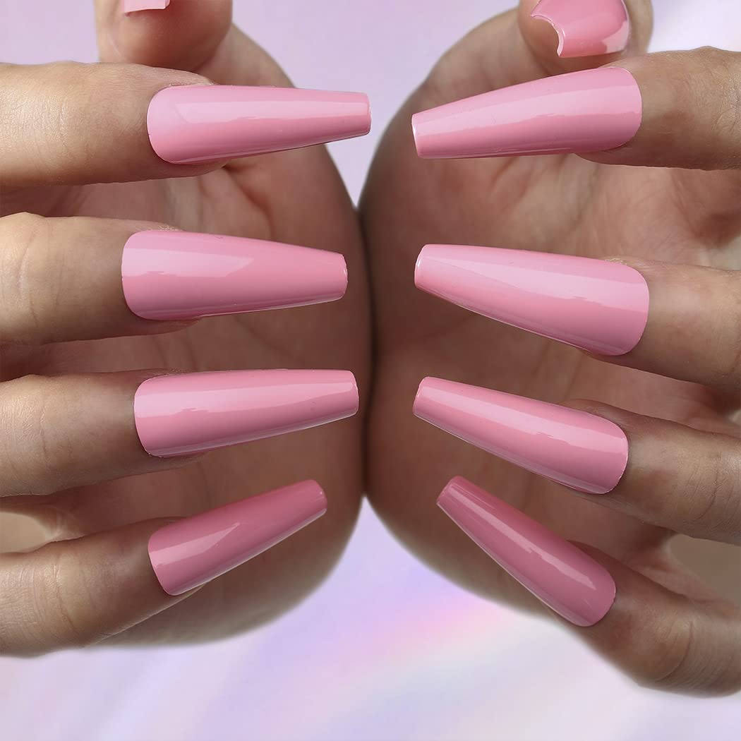 Crazy Peach Long Coffin Pink Bold Press On Nails