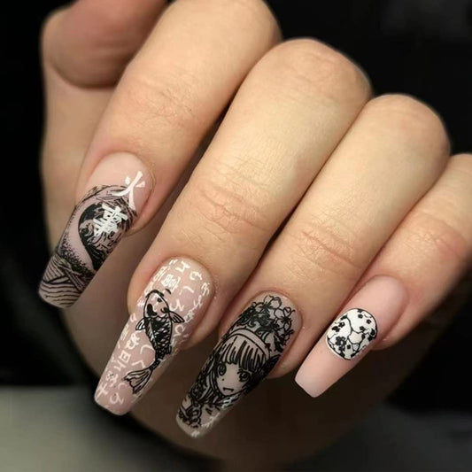 Anime Girl Long Coffin Nude Cartoon Fake Nails