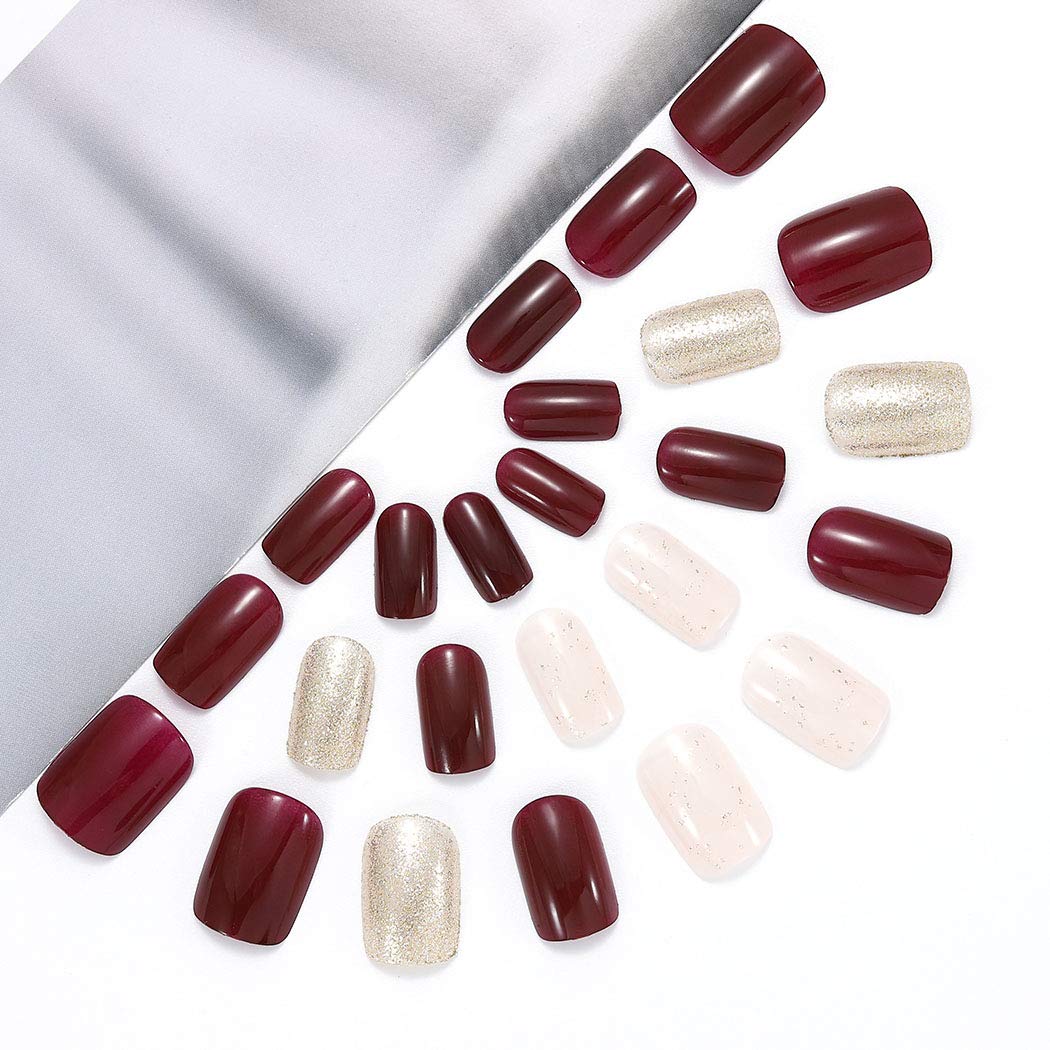 Graceful Short Square Red Glitter Press On Nails