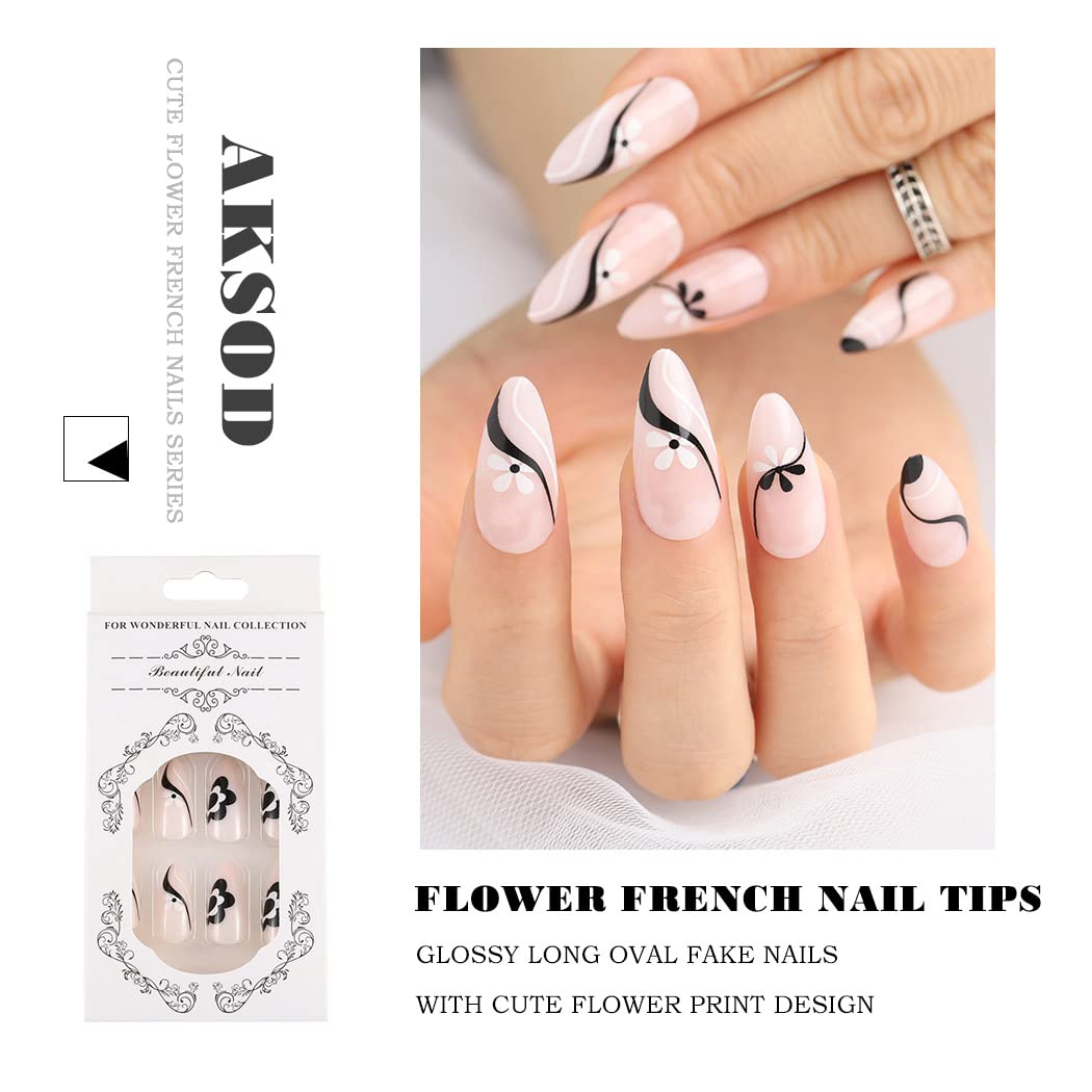 Simple Flower Long Almond Beige Everyday Press On Nails
