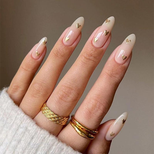 Simple Hearts Long Oval Beige Everyday Press On Nails
