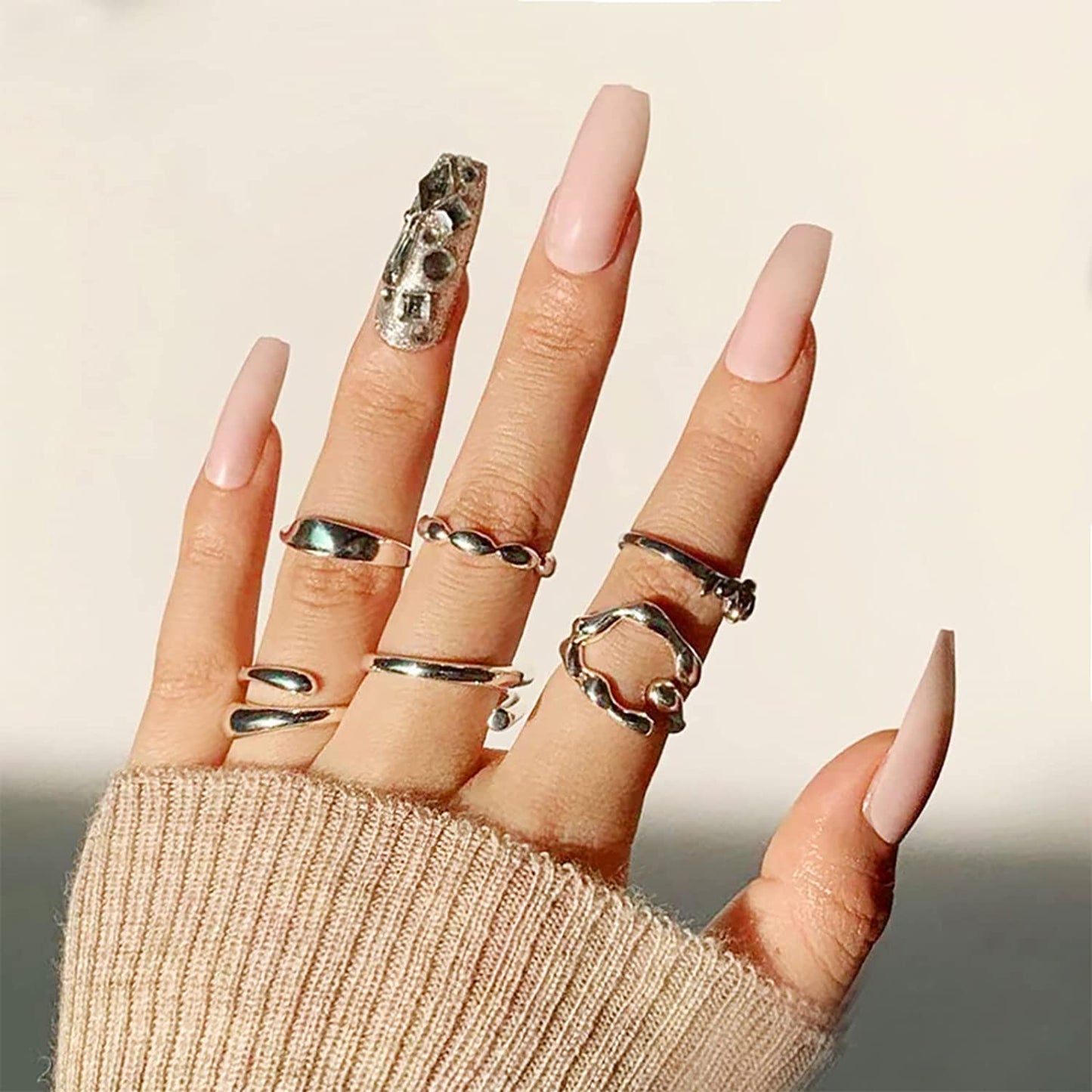 Saturn Ring Hunter Long Coffin Beige Astrology Press On Nails
