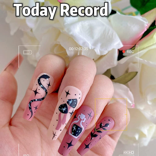 Serpentine Long Coffin Pink Astrology Press On Nails