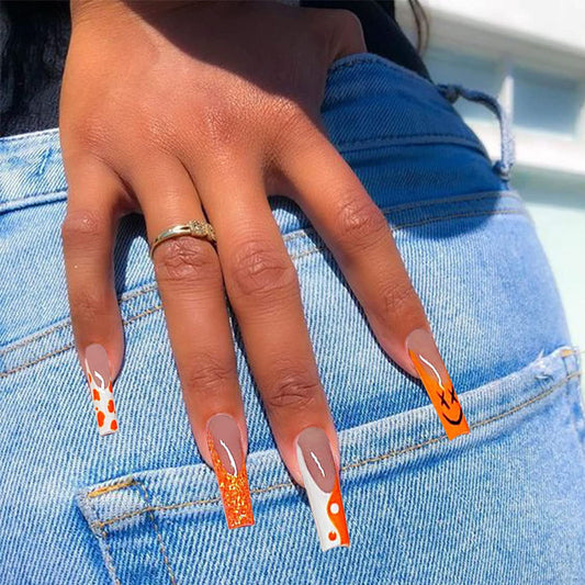 Boo Yin Yang Long Square Orange Glitter Press On Nails