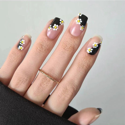 Bee Mine Short Squoval Black Floral Press On Nails