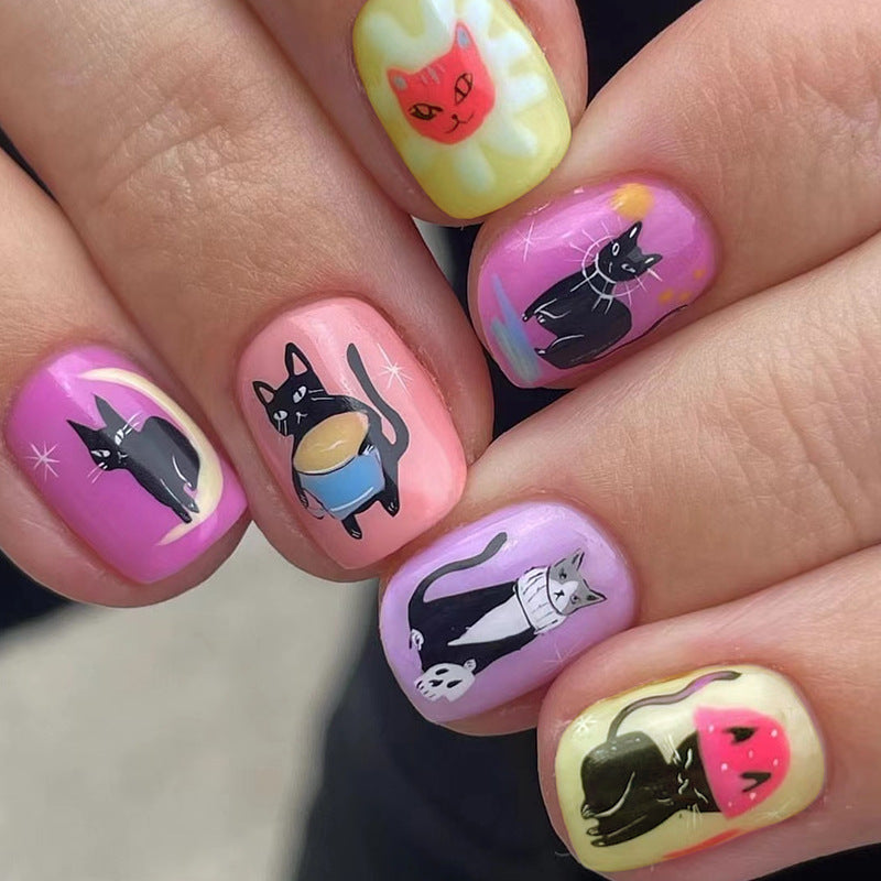 Feline Fantasy Medium-Length Square Pastel Gradient Press On Nail Set with Playful Cat Illustrations
