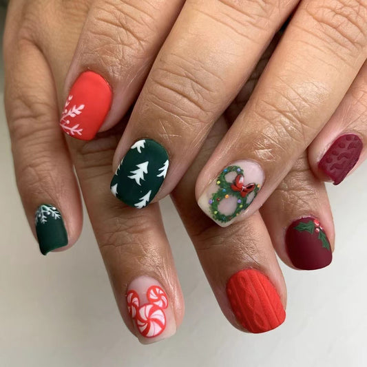 Merry Mistletoe Medium Length Squoval Multicolor Press On Nail Set With Christmas Wreath And Candy Cane Designs