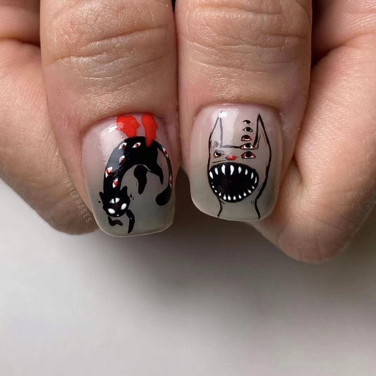 Halloween Spirit Medium Length Squoval Shape Black and Red Press On Nail Set with Monster and Creature Feature Design