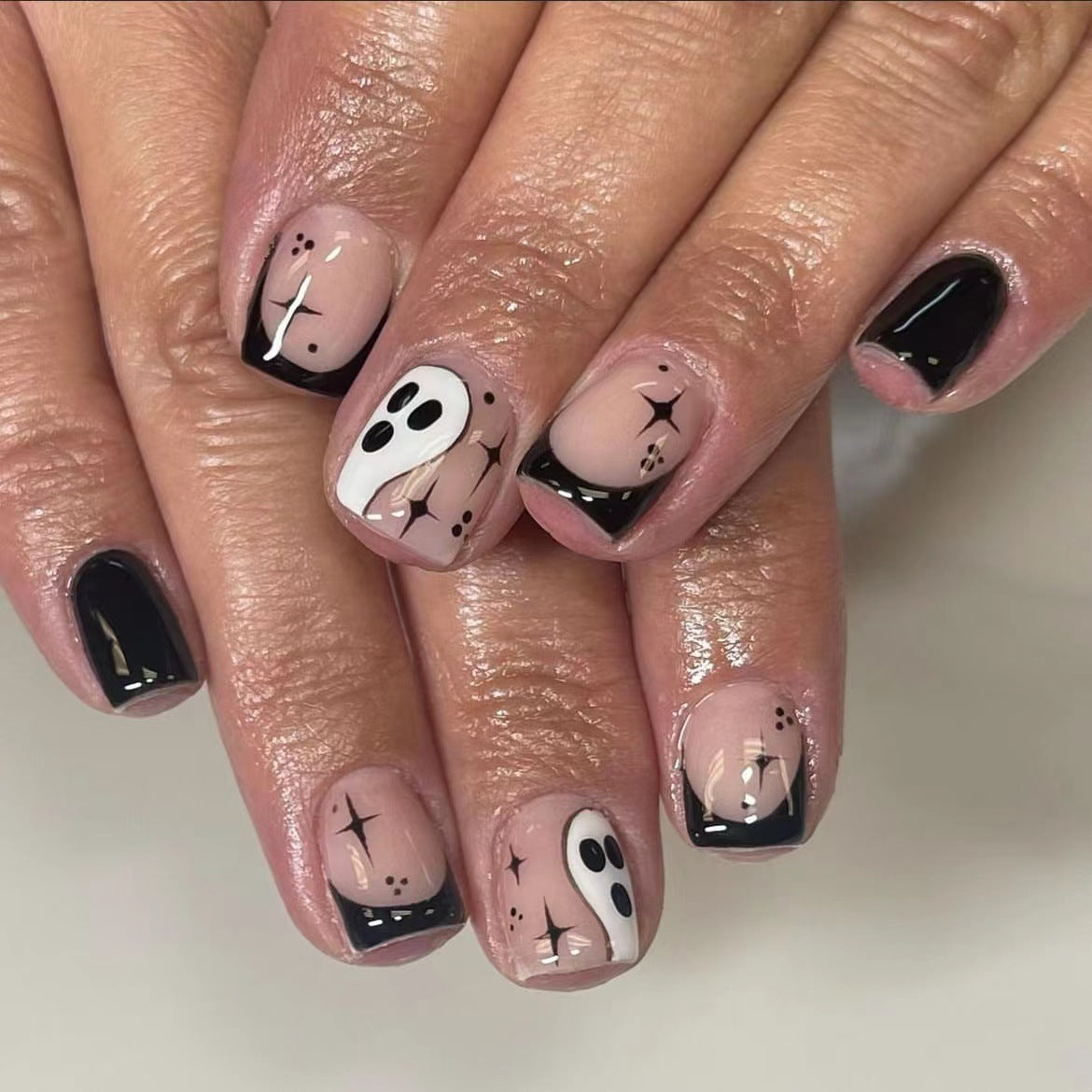Haunting Charm Short Square Black and Beige Press On Nail Set with Ghostly Faces Design