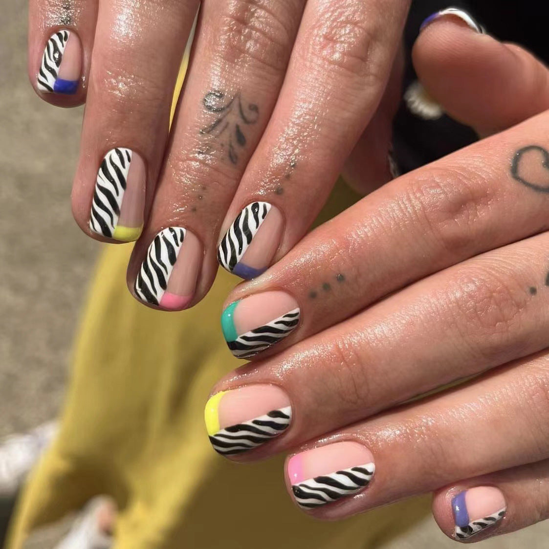 Vibrant Safari Medium-Length Squoval Multicolor Press On Nail Set with Zebra Print and Color Blocking Design