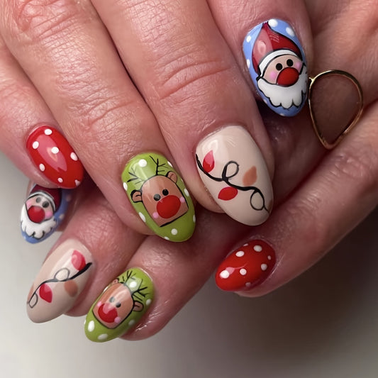 Holiday Cheer Medium Oval Press On Nails in Red, Green, and Beige with Reindeer and Santa Designs