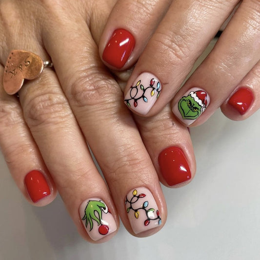 Merry And Bright Short Square Red And Beige Press On Nail Set With Festive Christmas Lights And Grinch Design