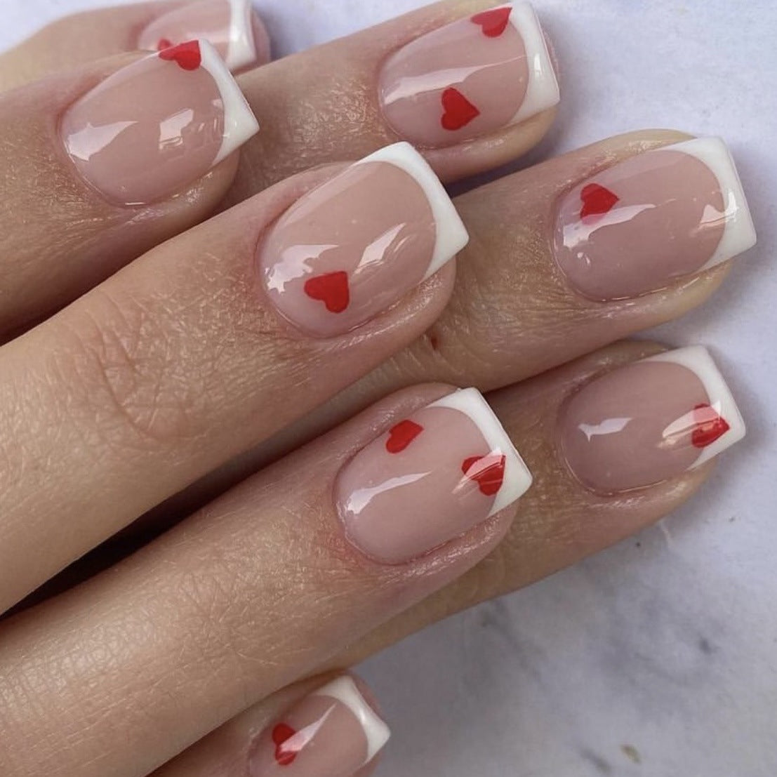 Whispering Hearts Short Square Natural Press On Nails with White French Tips and Delicate Red Heart Accents