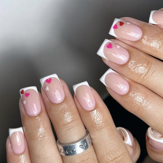 Lovestruck Elegance Short Square Beige Press On Nail Set with White Tips and Pink Heart Accents