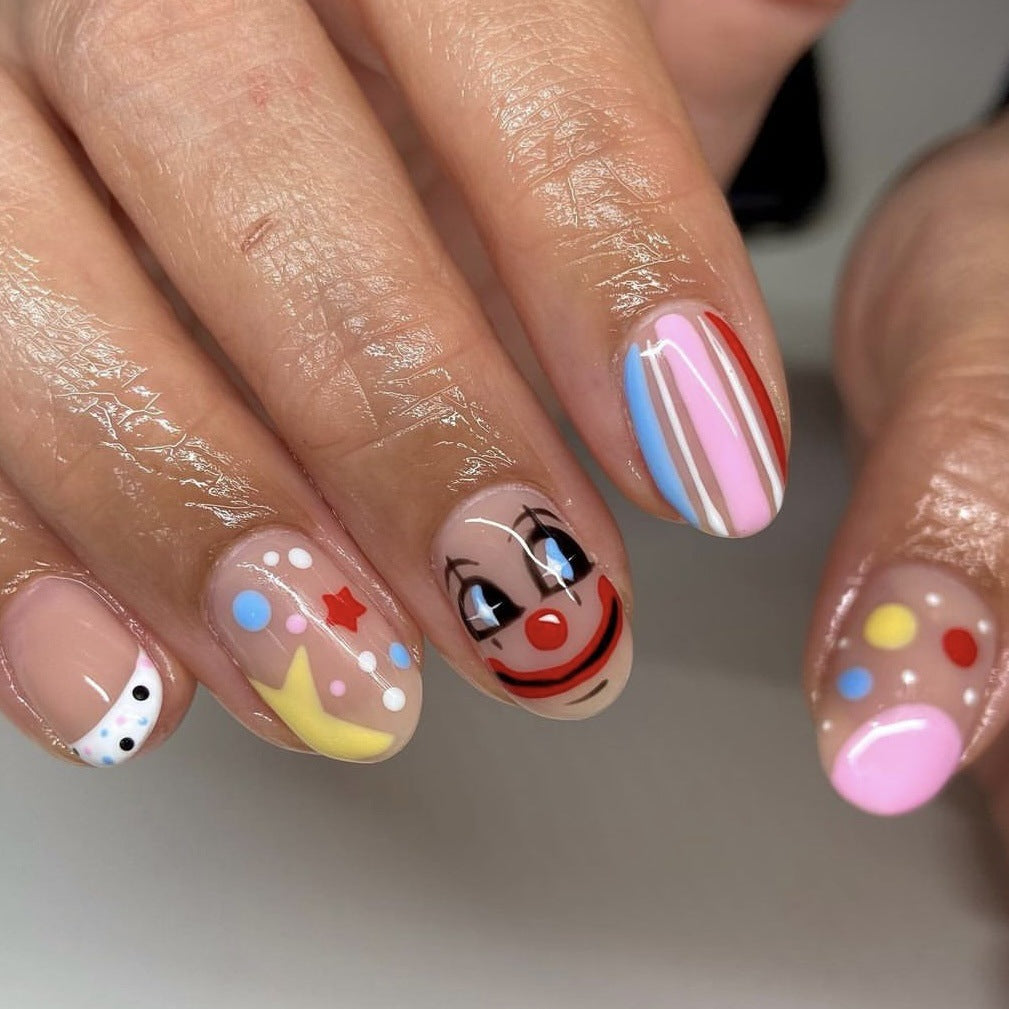 Circus Fun Medium Round Multicolor Striped and Polka Dot Press On Nail Set with Clown Face Design
