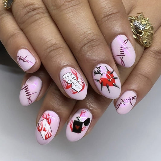 Enchanted Queen Medium Oval Light Pink Press On Nail Set with Red Card Suits and Crown Designs