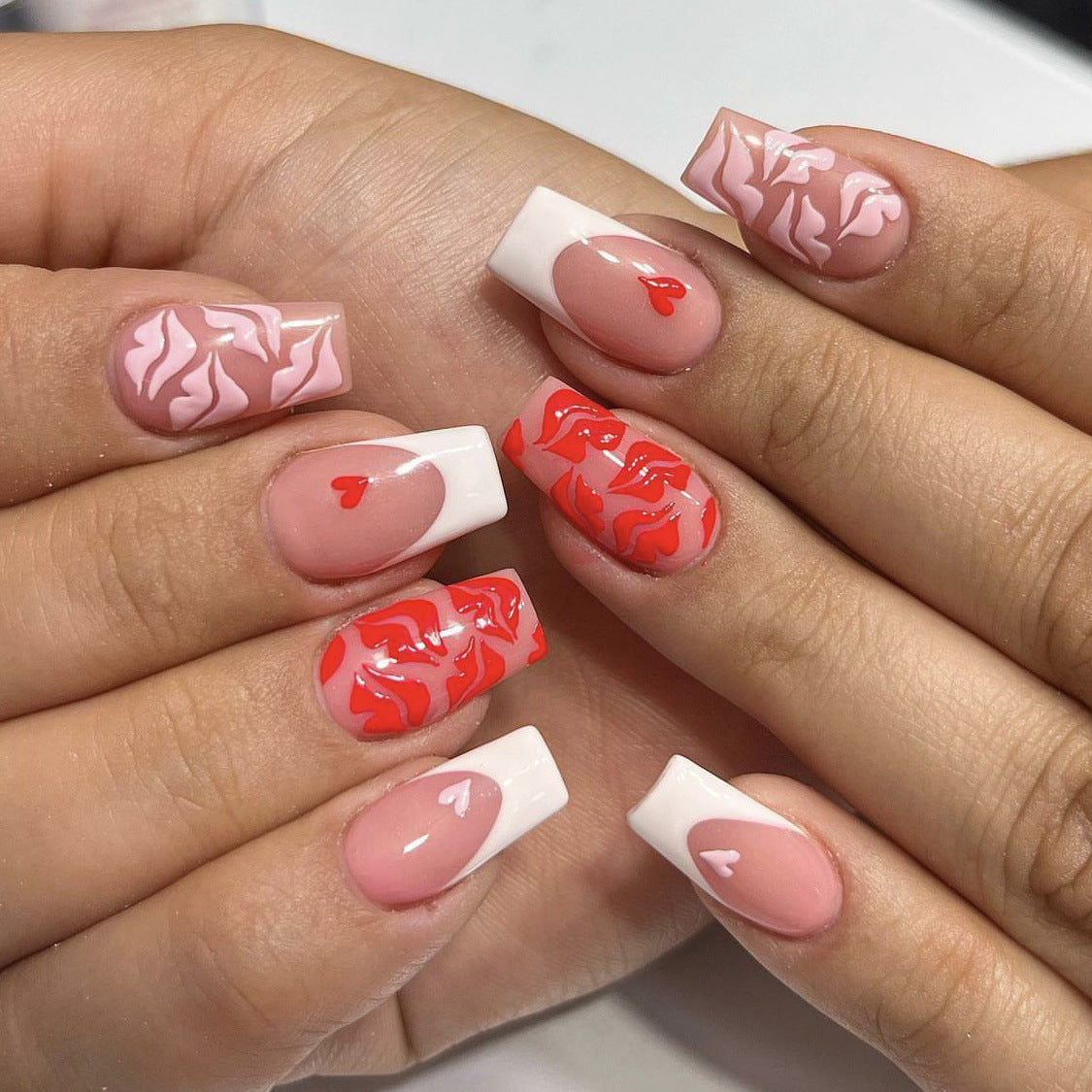 Valentine's Romance Medium Coffin Pink and Red Flame Press On Nails with Glossy Finish