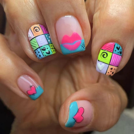 Whimsical Wonders Short Square Multicolor Press On Nail Set with Patchwork and Heart Accents