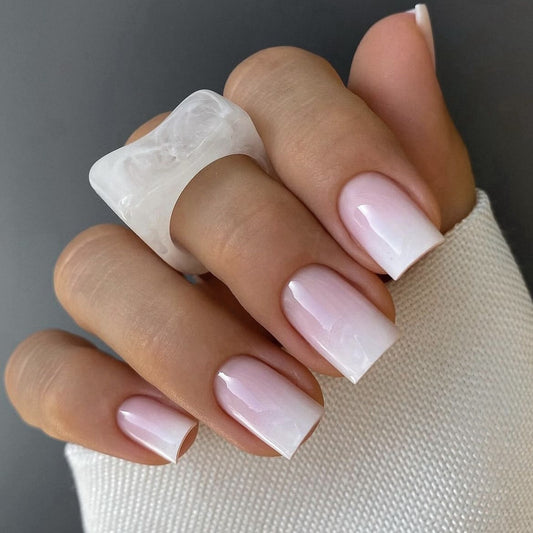 Elegant Marble Essence Short Square Pale Pink Press On Nail Set with Shimmer Finish