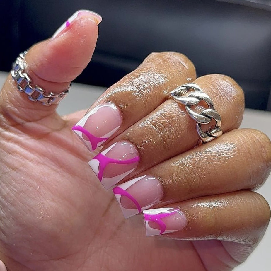 Chic Elegance Medium Square Clear Press On Nails with Bold Pink French Tips and Swirl Accents