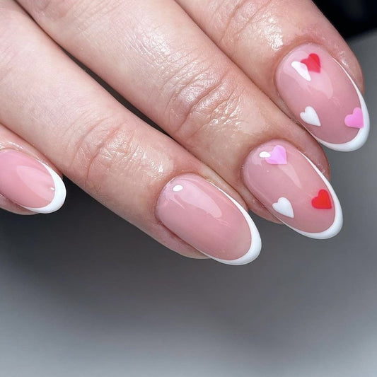 Lovely Hearts Short Oval Pink Press On Nail Set with White French Tips and Heart Accents