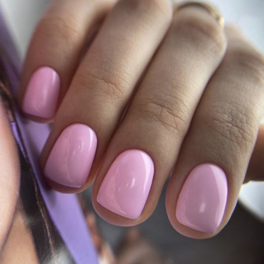 Elegant Touch Medium Length Square Pink Glossy Press On Nail Set with Reflective Sheen Finish