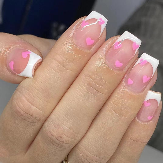 Enchanted Romance Short Square White & Pink Heart Design Press On Nail Set