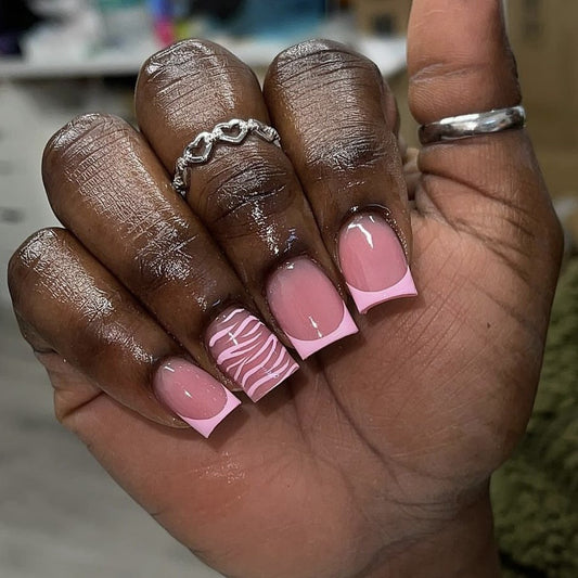 Chic Safari Adventure Short Square Pink Press On Nail Set with Zebra Accent Design