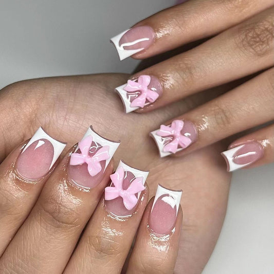 Elegant Blossom Collection Medium Square Pink Press On Nail Set with 3D Bow Accents