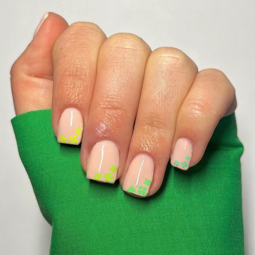 Lucky Charm Short Square Beige Press On Nails with Green Clover Accents