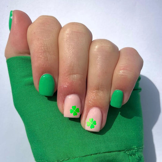 Emerald Elegance Short Square Green Press On Nail Set with Shamrock Accents