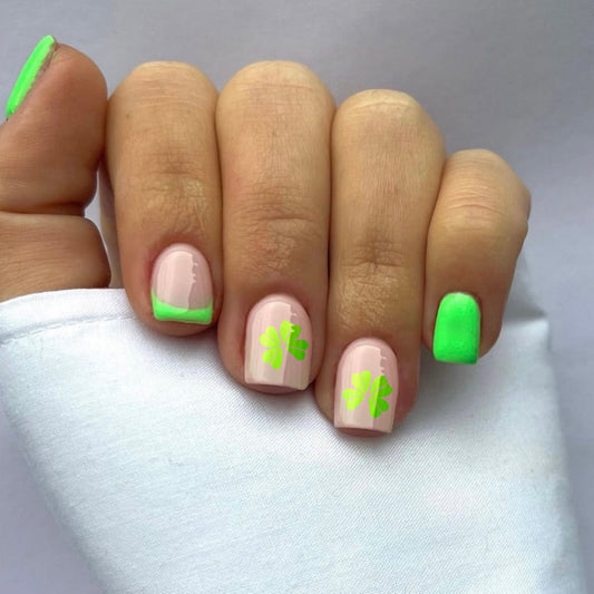 Lucky Charm Short Square Pink and Neon Green Press On Nails with Clover Accents
