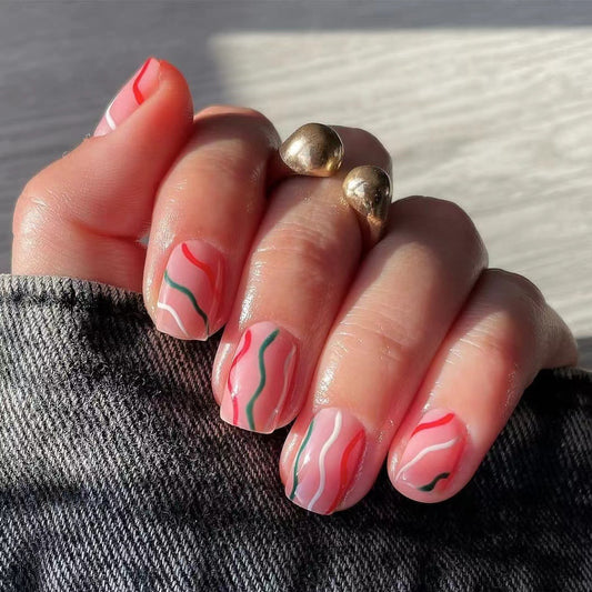 Abstract Art Medium Length Square Pink Marble Effect Press On Nail Set