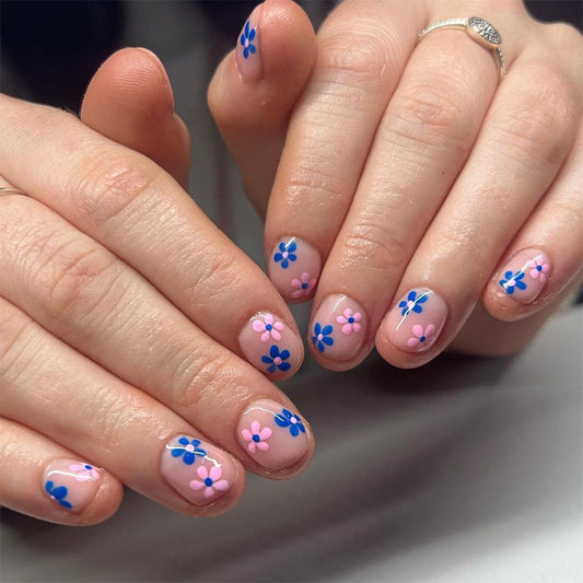 Floral Baby Short Round Blue Spring Everyday Press On Nails