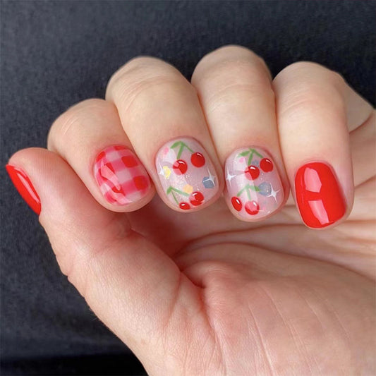 Summer Picnic Short Length Round Press On Nail Set in Red and Transparent with Gingham and Cherry Designs