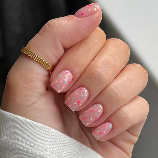Cherry Blossom Festival Short Square Pink Press On Nails with Multi-Color Confetti Accents