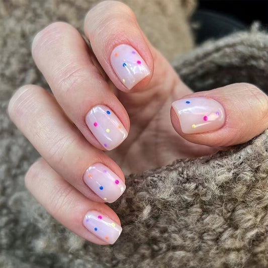 Fairy Tale Short Square Pale Pink Press On Nail Set with Colorful Confetti Accents