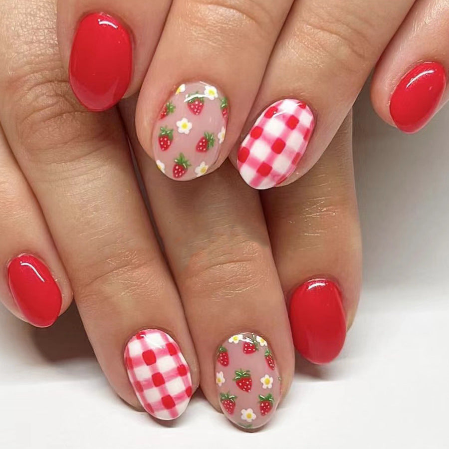 Picnic Party Short-Length Oval Press On Nail Set in Red with Gingham & Strawberry Designs