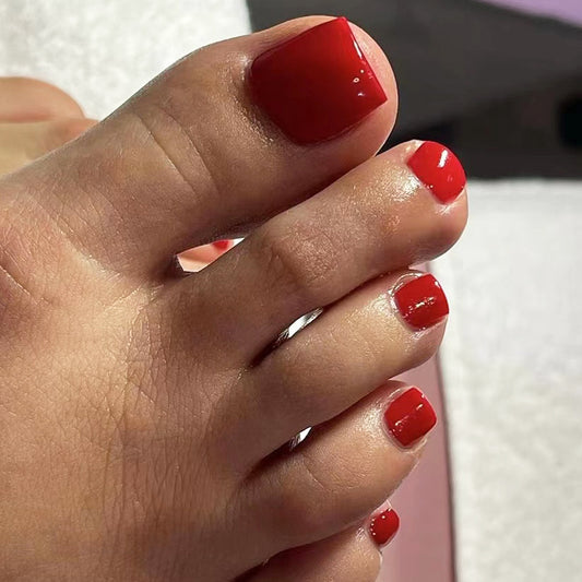 Red Carpet Ready Short Square Vibrant Red Press On Toenail Set with High Gloss Finish