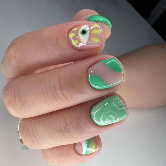 Enchanted Garden Short-Length Squoval Green Press On Nail Set with Hand-Painted Floral Art