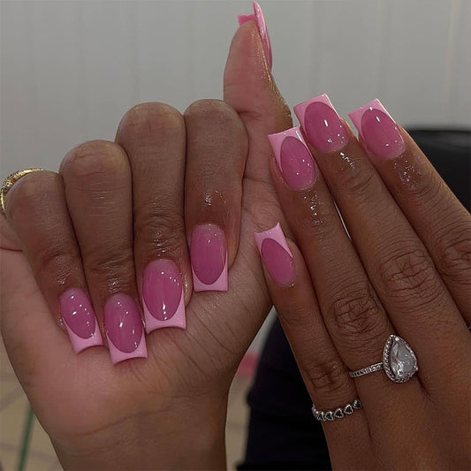 Elegant Charm Medium Square-Shaped Pink Press On Nail Set with Glitter Accent