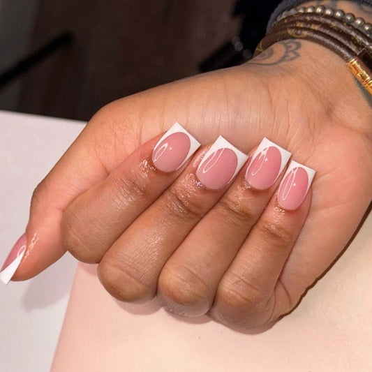 Elegant Chic Medium Square Pink and White Ombre Press On Nails with Glossy Finish