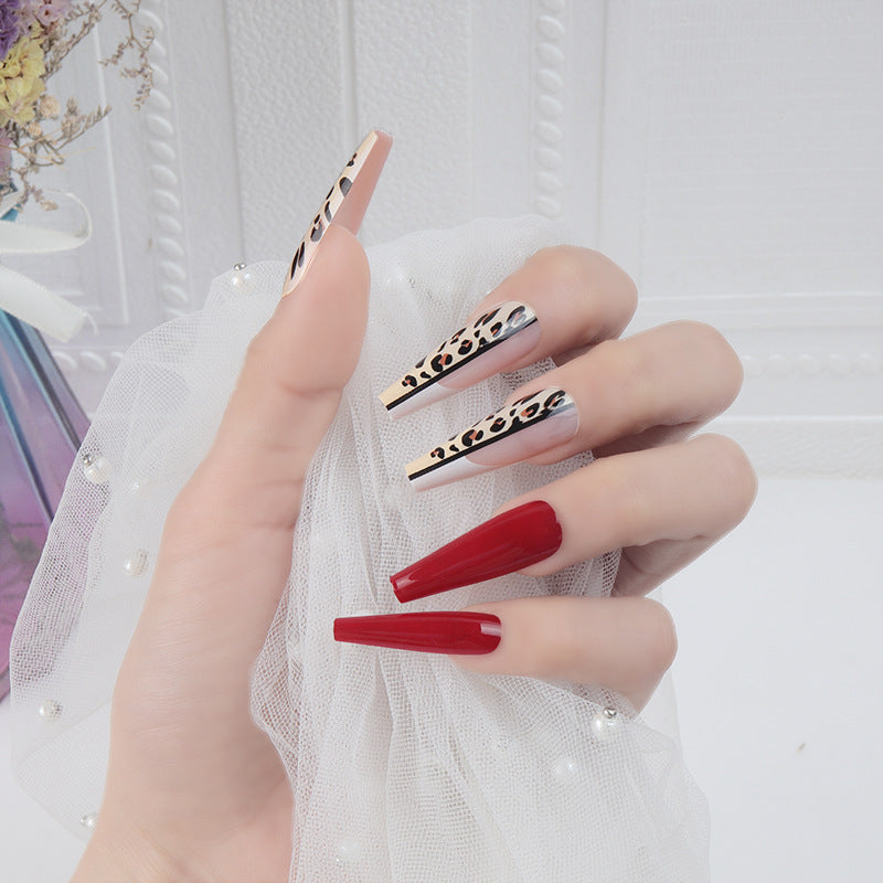 Elegant Soiree Extra Long Coffin Press On Nails in Red and Beige with Leopard Print Accents