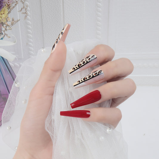 Elegant Soiree Extra Long Coffin Press On Nails in Red and Beige with Leopard Print Accents
