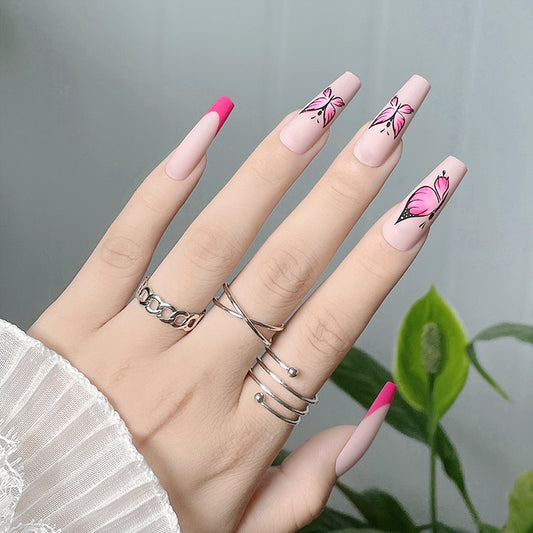 Butterfly Kisses Long Coffin Shape Pink Ombre Press on Nail Set with Hand-Painted Butterfly Accents
